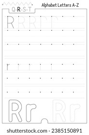 Letter tracing worksheet. Handwriting practice for letter R uppercase and lowercase. Developing writing skills. Black and white Vector lined page for kids workbook.