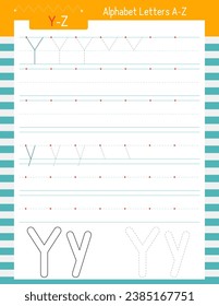 Hoja de cálculo de seguimiento de cartas. Práctica de escritura a mano para la letra Y. Desarrollando habilidades de escritura. Página con línea vectorial para el libro infantil.