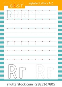 Letter tracing worksheet. Handwriting practice for letter R uppercase and lowercase. Developing writing skills. Vector lined page for kids workbook.