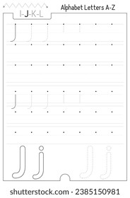 Hoja de trabajo de seguimiento de letras. Por letra J mayúscula y pequeña. Práctica de rastreo preescolar y escritura a mano para desarrollar habilidades de escritura. Página en línea Vector blanco y negro para libro de ejercicios.