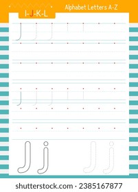 Letter Tracing Worksheet. For Letter J capital and small. Preschool tracing and handwriting practice for developing writing skills. Vector lined page for Exercise book.