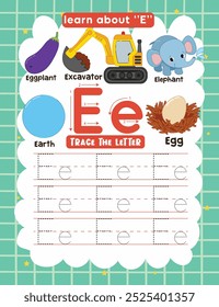 Letter Tracing Worksheet for Kids. Trace Letter E with Dotted Lines. Fun Learning Page with Cute Objects.