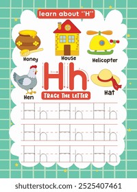 Letter Tracing Worksheet for Kids. Trace Letter H with Dotted Lines. Fun Learning Page with Cute Objects.