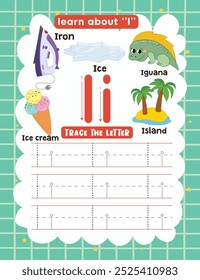 Letter Tracing Worksheet for Kids. Trace Letter I with Dotted Lines. Fun Learning Page with Cute Objects.