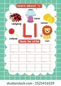 Letter Tracing Worksheet for Kids. Trace Letter L with Dotted Lines. Fun Learning Page with Cute Objects.