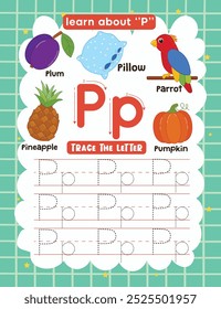 Letter Tracing Worksheet for Kids. Trace Letter P with Dotted Lines. Fun Learning Page with Cute Objects.