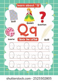 Letter Tracing Worksheet for Kids. Trace Letter Q with Dotted Lines. Fun Learning Page with Cute Objects.