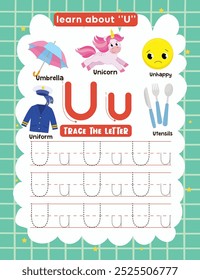 Letter Tracing Worksheet for Kids. Trace Letter U with Dotted Lines. Fun Learning Page with Cute Objects.