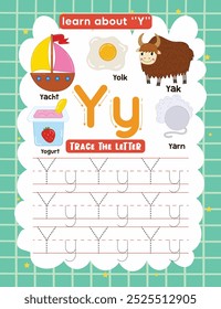 Letter Tracing Worksheet for Kids. Trace Letter Y with Dotted Lines. Fun Learning Page with Cute Objects.