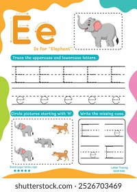 Letter Tracing Worksheet for Kids. Trace Letter E with Dotted Lines. Fun Learning Page with Cute Objects.