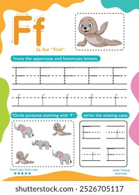 Letter Tracing Worksheet for Kids. Trace Letter F with Dotted Lines. Fun Learning Page with Cute Objects.