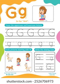 Letter Tracing Worksheet for Kids. Trace Letter G with Dotted Lines. Fun Learning Page with Cute Objects.