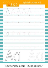 Letter Tracing Worksheet for Kids workbook. For Letter A upper and lower case. Preschool tracing and handwriting practice for developing writing skills. Vector lined page for Exercise book.