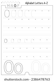 Letter Tracing Worksheet. For Letter O uppercase and lowercase. Preschool tracing and handwriting practice for developing writing skills. Black and white Vector lined page for kids textbook.