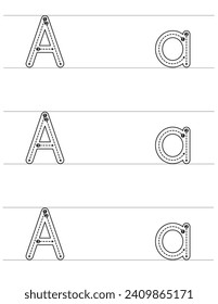 Letter A Tracing Worksheet for Preschool PreK Kinder Homeschooling. Alphabet-Aktivitäten in den oberen und unteren Bereichen