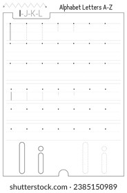 Letter Tracing Worksheet. For Letter I uppercase and lowercase. Preschool tracing and handwriting practice for developing writing skills. Black and white Vector lined page for toddlers workbook.