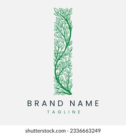 Letter I Tree Branch, Formed From Twigs Leaves Logo Design