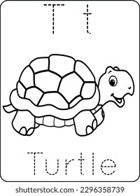 Letra tt mayúscula y minúscula, niños lindos coloreando una tortuga, hoja de cálculo de práctica de seguimiento del alfabeto ABC de una tortuga para niños aprendiendo vocabulario inglés y ilustración del vector de escritura a mano