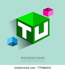 Letter TU logo in hexagon shape and green background, cube logo with letter design for company identity.
