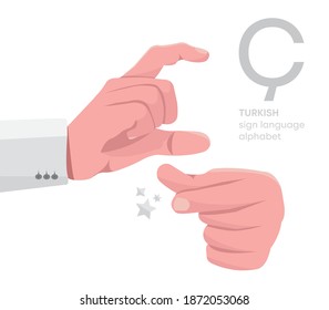 Das Schreiben 'C. Türkisches Handalphabet mit Behinderung, Buchstabe c. Hand deaktiviert. Hand Zunge. Lernen des Alphabets, nonverbale Kommunikation, Ausdrucksgesten Vektor.