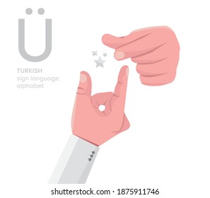 The letter 'Ü. Turkish handicapped hand alphabet letter Ü. Disabled hand. Hand tongue. Learning the alphabet, non-verbal communication, expression gestures vector.