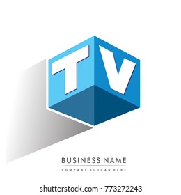 Letter TV logo in hexagon shape and blue background, cube logo with letter design for company identity.
