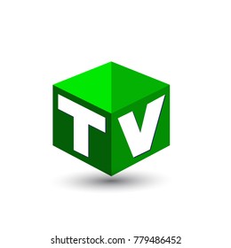 Letter TV logo in hexagon shape and green background, cube logo with letter design for company identity.
