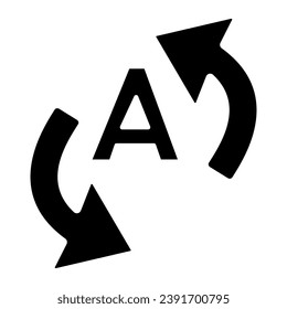 Letter A with two arrows, translation solid icon, linguistics concept, interpretation vector sign on white background, glyph style icon for mobile concept and web design. Vector graphics
