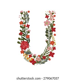 Letter U - 21 letter of the alphabet. Vector hand-drawn monogram composed of flowers, branches and leaves on a white background.