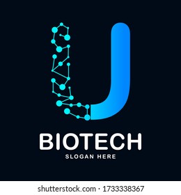 Letra U logotipo de plantilla de vectores de iconos abstractos de biotecnología. Adecuado para biotecnología molécula átomo símbolo de chip de ADN, Medicina, ciencia, tecnología, laboratorio, biotipo electrónico