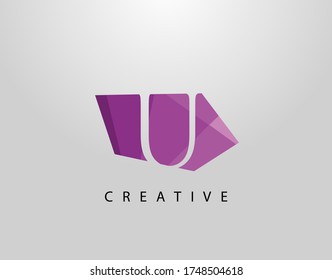 Letra U Logo De Gem Stone Resumen. Diseño de letras U creativas con color púrpura poligonal sobre formas de piedra abstracta.