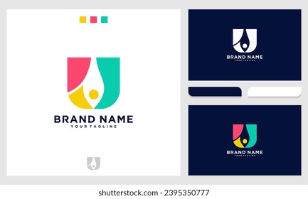 Letter U abstract logo design with people family together human unity combination in colorful design vector editable