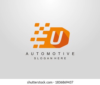 Letter U With Abstract Racing Flag Logo Design. Automotive Icon Template.