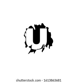 Letter U Abstract Splatter logo icon. Monogram vector design black ink water color shape with hidden letter.