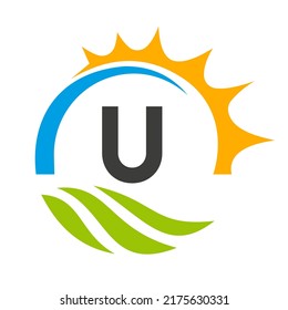 Letter U Agriculture Logo Vector Template. Agriculture Logo Concept with Green Field and Bright Sun Element