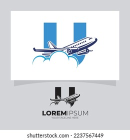 Letter U Airplane above Cloud Logo Vector Design Illustration Background