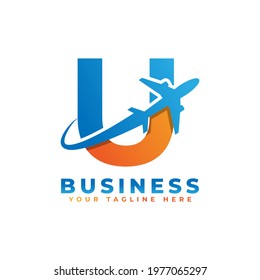 Letter U with Airplane Logo Design. Suitable for Tour and Travel, Start up, Logistic, Business Logo Template