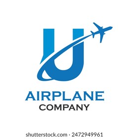 Letter u with airplane logo template illustration. suitable for transportation, brand, travel, agency, web, label, network, marketing etc