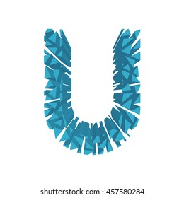 The letter U, in the alphabet broken 3d perspective set blue color isolated on white background