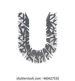 The letter U, in the alphabet broken 3d perspective set silver color isolated on white background