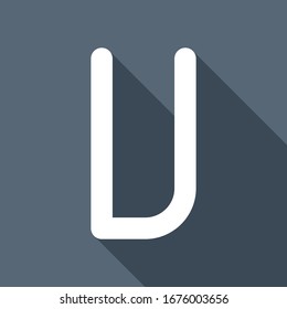 Letter U of alphabet, isolated outline symbol. White flat icon with long shadow on blue background