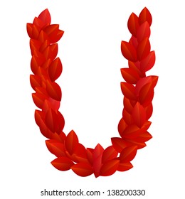 Letter U of alphabet made from red petals