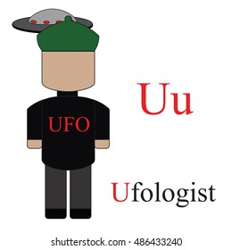 Letter U alphabet of professions. Ufologist. ABC education cards for kids.