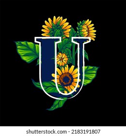 Letter U in Alphabet With Summer Themed Sunflower Illustration