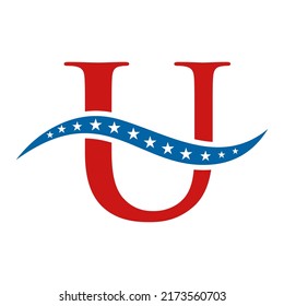 Letter U America Logo USA Flag. Patriotisches amerikanisches Firmenlogo-Design auf Buchstabe U Vorlage