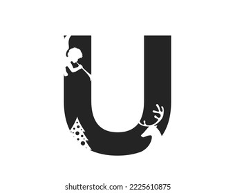 letter u and angel  deer   christmas tree  element for Christmas   New Year alphabet design  isolated vector image in simple style