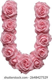 A letter "U" is artistically formed using a collection of light pink roses, each rose meticulously arranged to create the shape of the letter.
