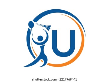 Letter U Badminton Logo Concept With Moving Badminton Icon. Badminton Sports Logotype Symbol Vector Template.