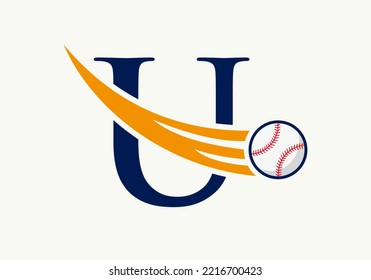 Letter U Baseball Logo Concept With Moving Baseball Icon Vector Template