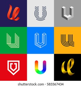 Letter "U" big logo pack. Isometric, line, colorful, ribbon, geometric, luxury vector monograms. Eps10 format.